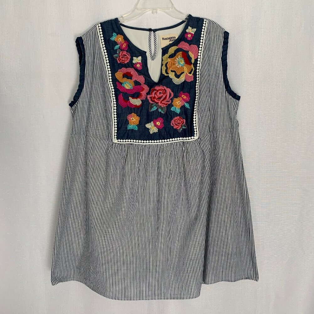 SAVANNA JANE Striped Embroidered Floral Sleeveless Lined Tunic